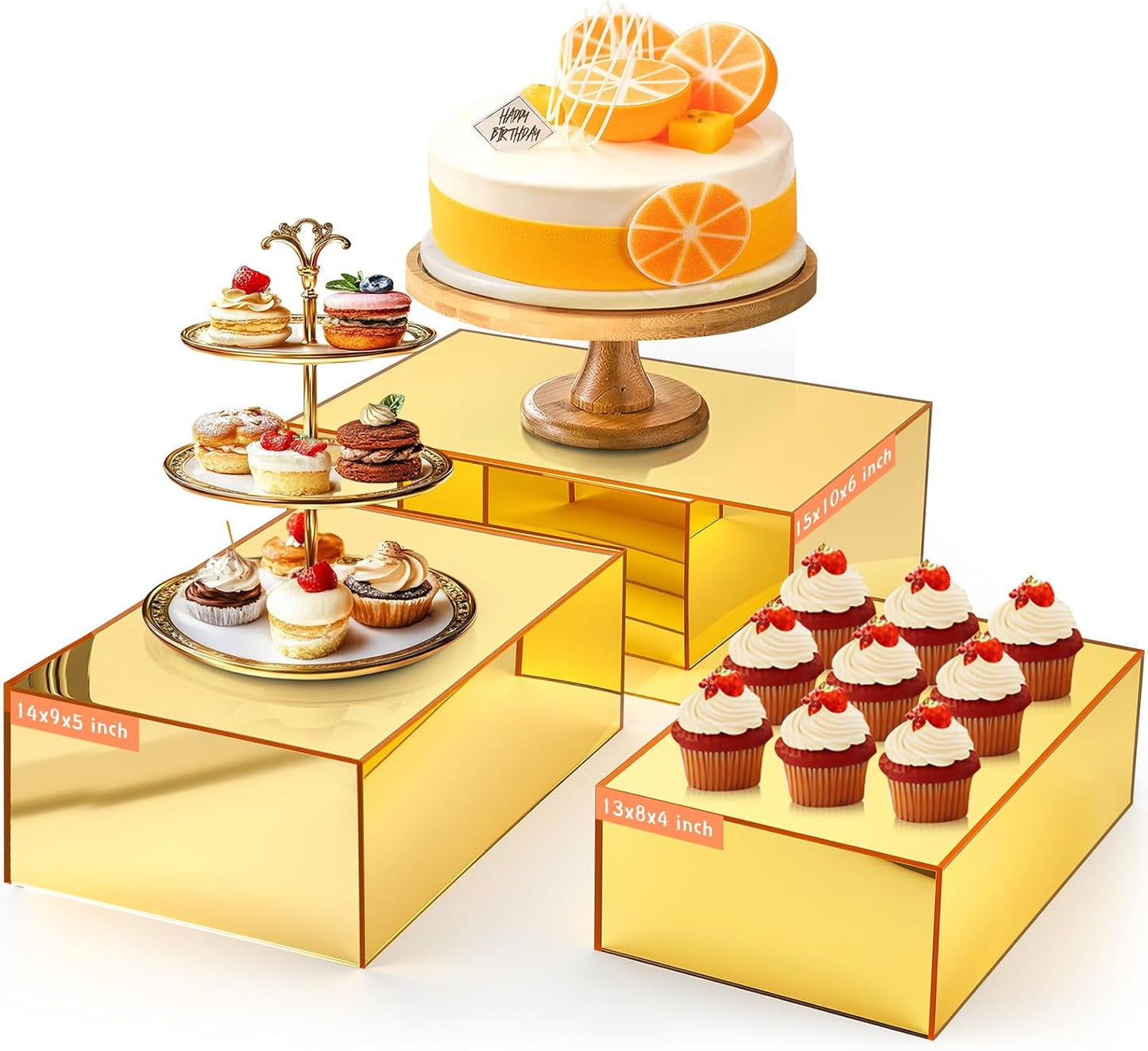 Set 3 Elevadores Acrílicos 15x14x13pulg Soporte Dorado