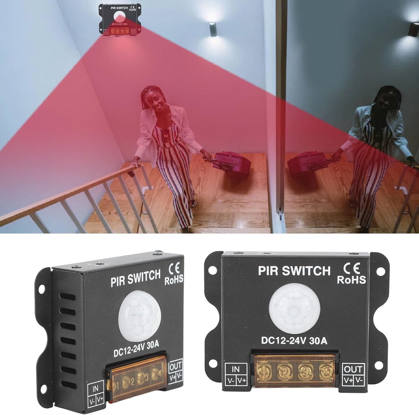 Interruptor sensor movimiento DC 12-24V 30A pir led