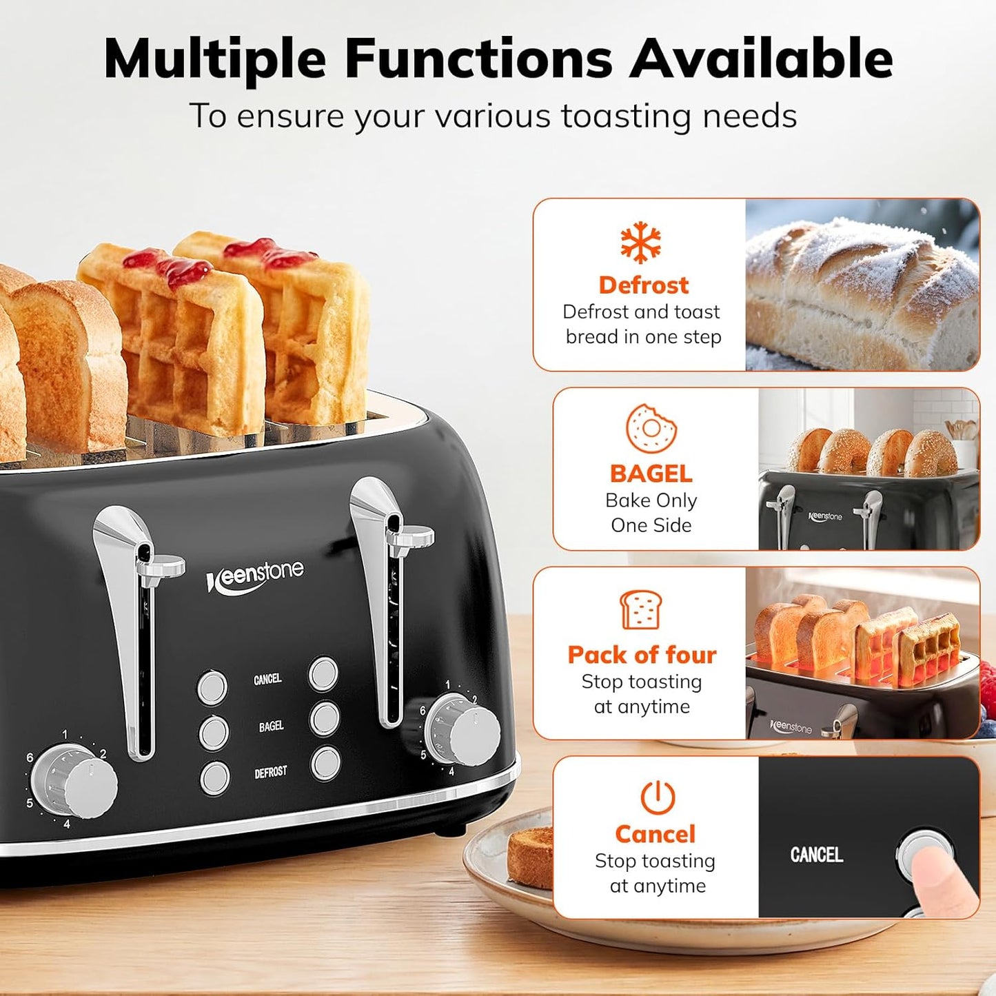 Tostadora 4 rebanadas acero inox con controles duales 6 niveles