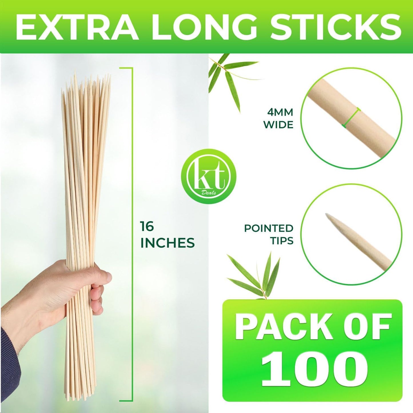100 Palitos Bambú 16pulg para Barbacoa Kabob Aperitivos