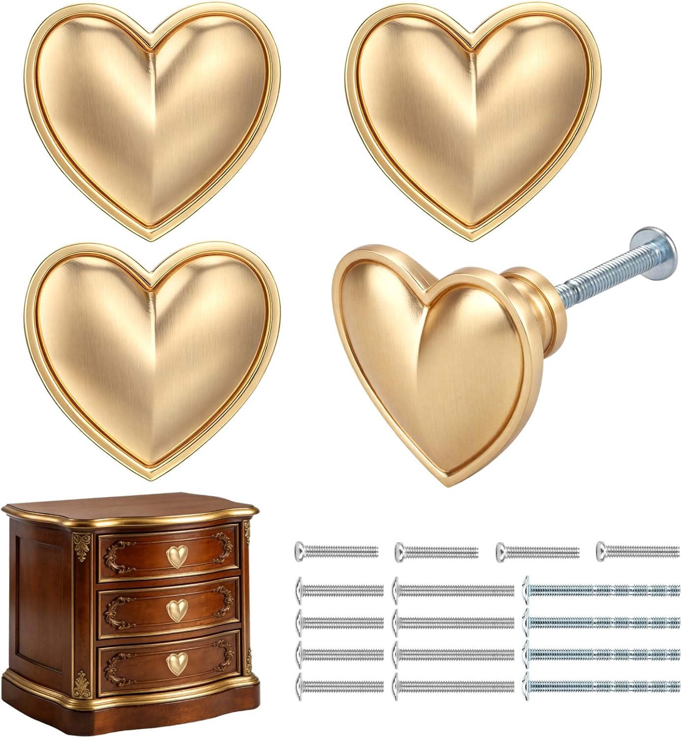 4 Pomos Corazón Dorado para Cajones Decorativos Habitación Niña