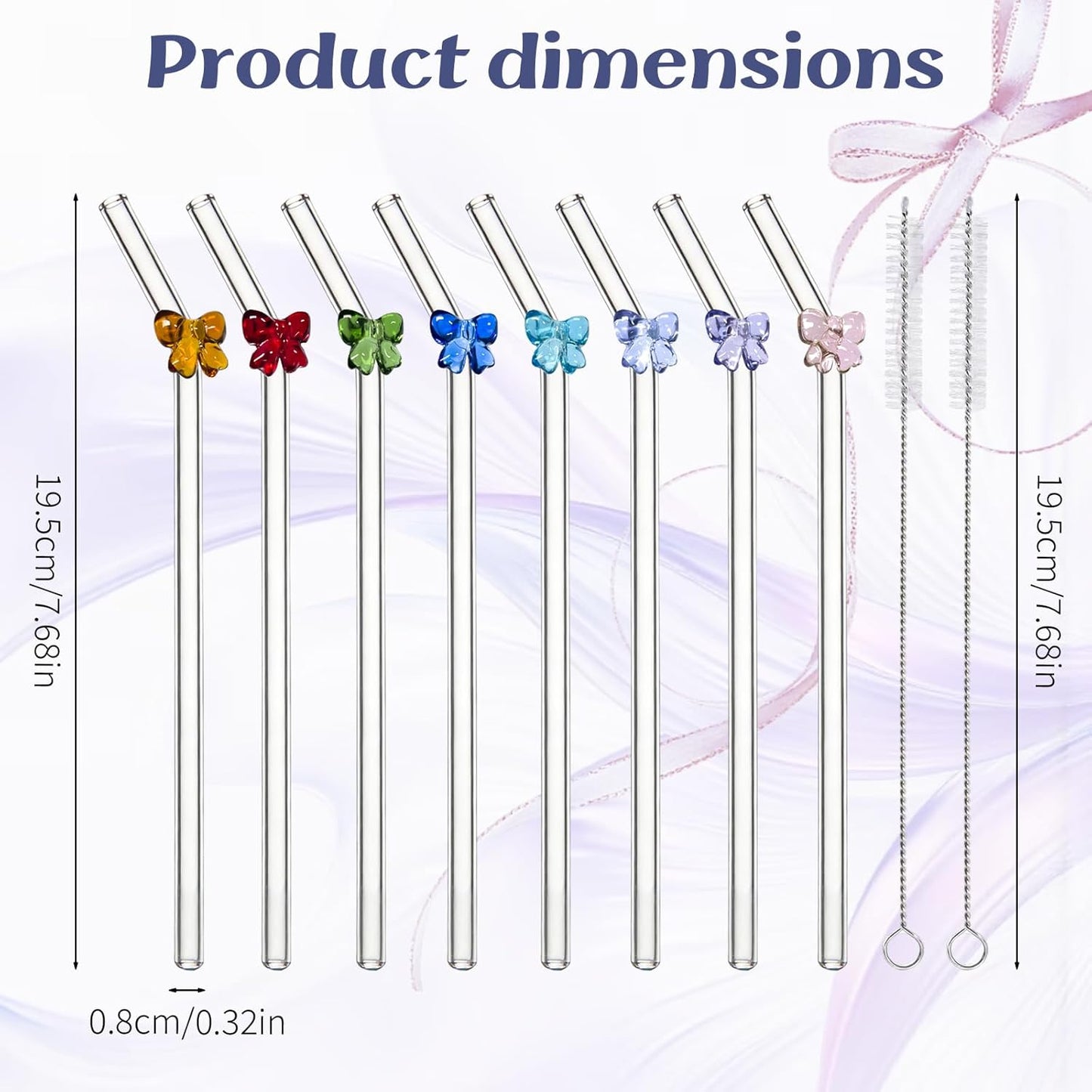 8 Popotes Vidrio con Lazos 0.315pulg Reutilizables 2 Cepillos Limpieza