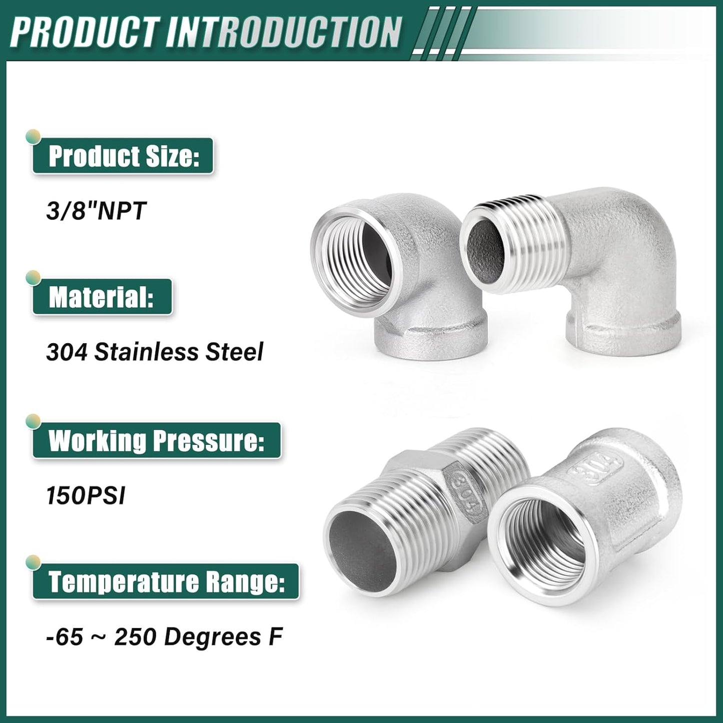 Kit 8 Pzas Codo 90 Grados Acero Inox 304 3/8pulg