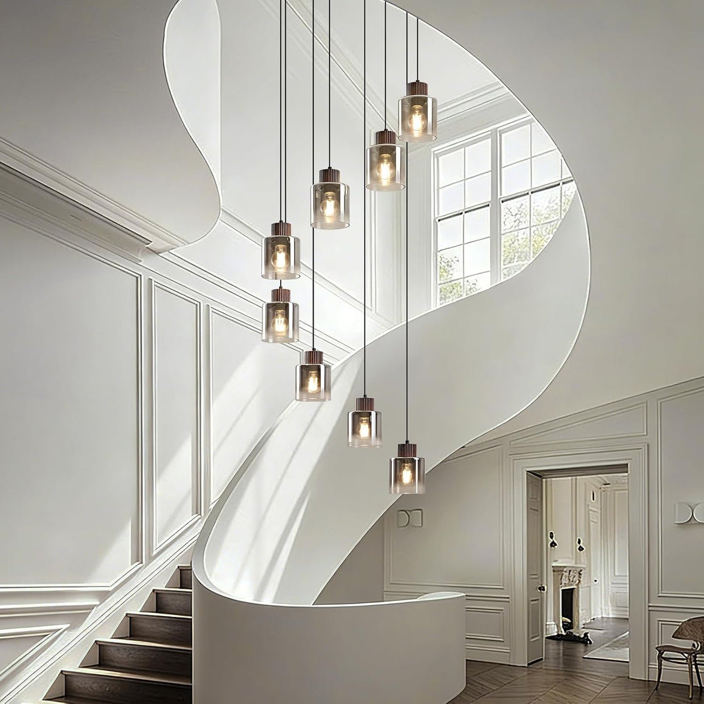 Candelabro 8 luces colgante madera nogal vidrio negro