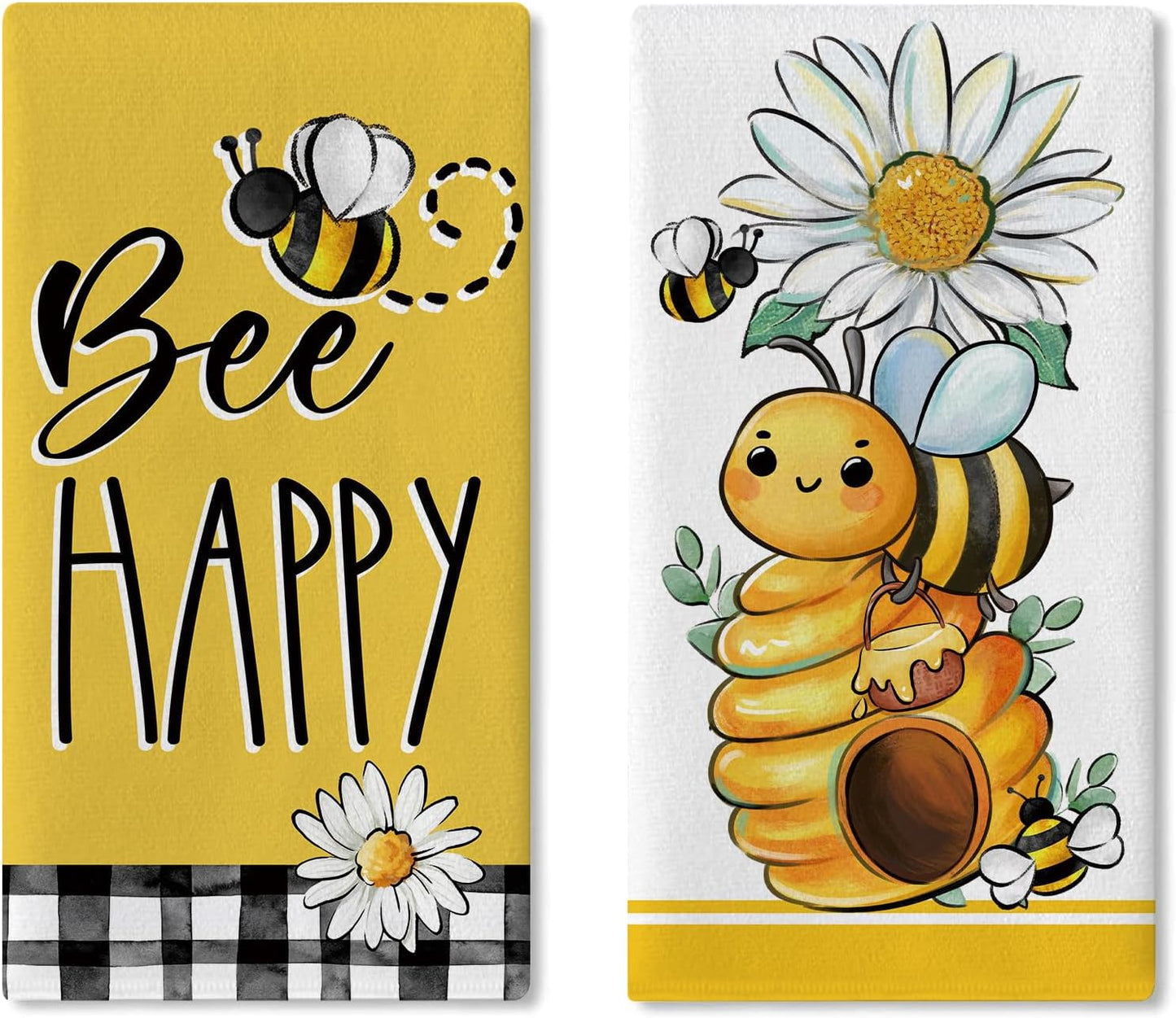 Juego de 2 paños de cocina con diseños de abejorros, abeja feliz, margarita y colmena