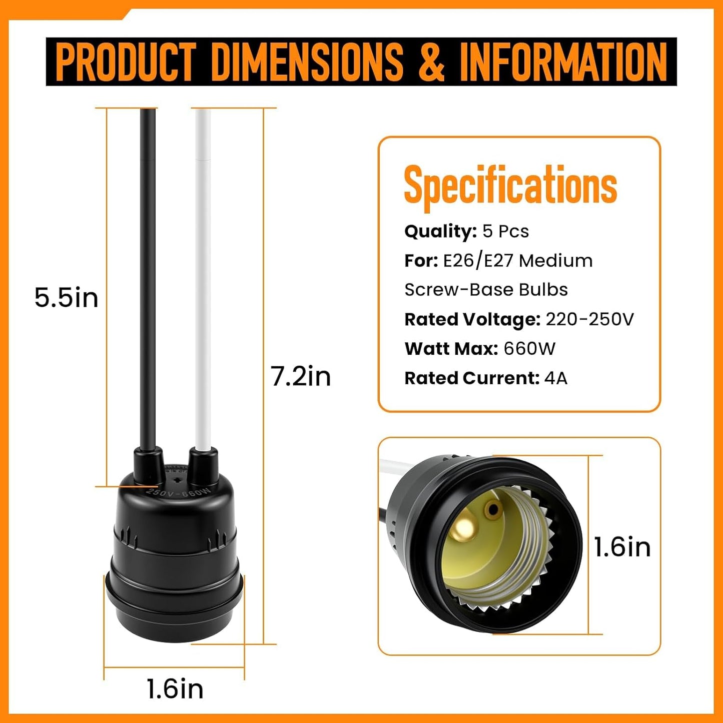 Set 5 enchufes E26/E27 impermeables base media negra para luces LED