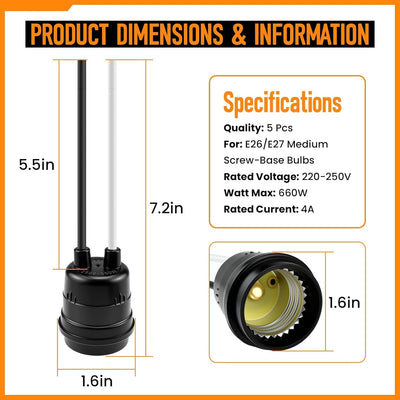 Set 5 enchufes E26/E27 impermeables base media negra para luces LED