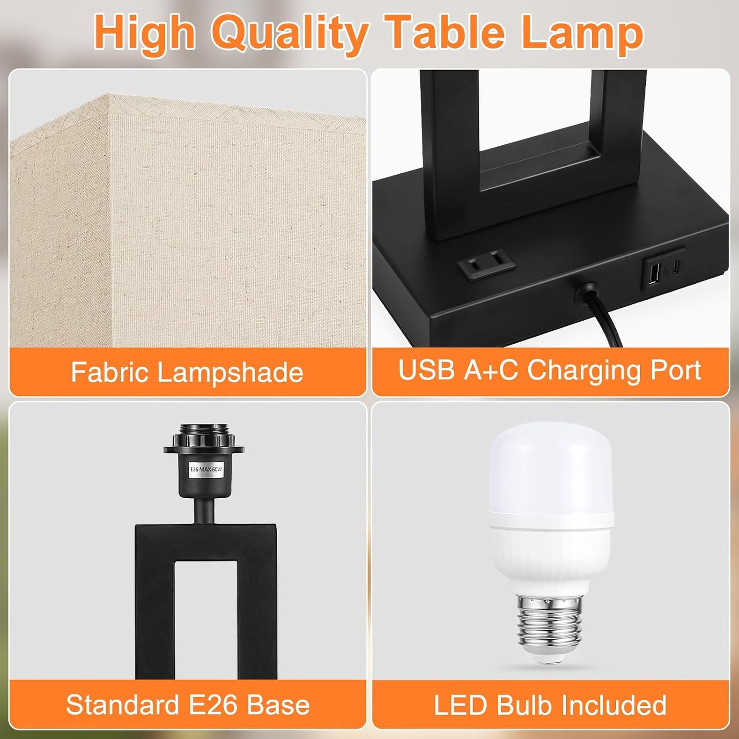 2 Lámparas Mesa Dormitorio 26pulg Control Táctil LED USB