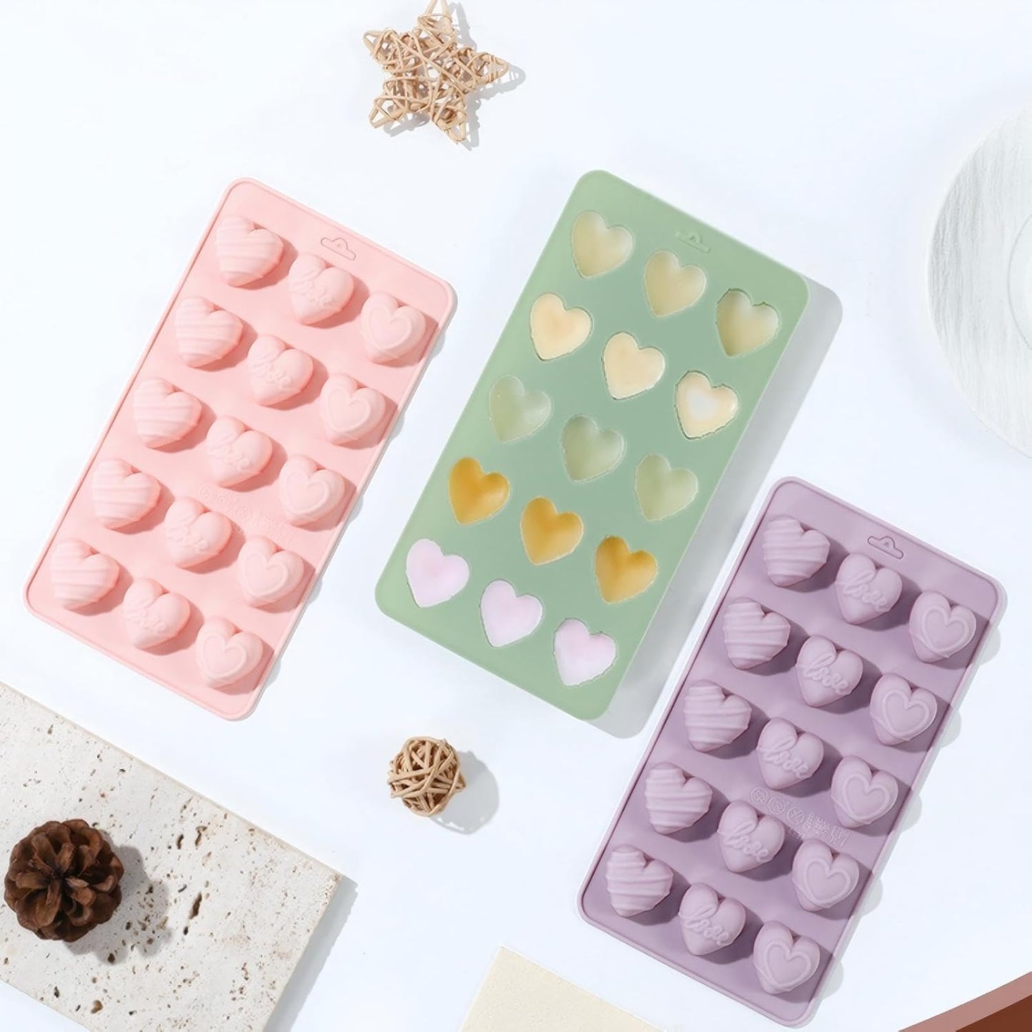 Moldes de silicona en forma de corazón para dulces y chocolate, 3 unidades