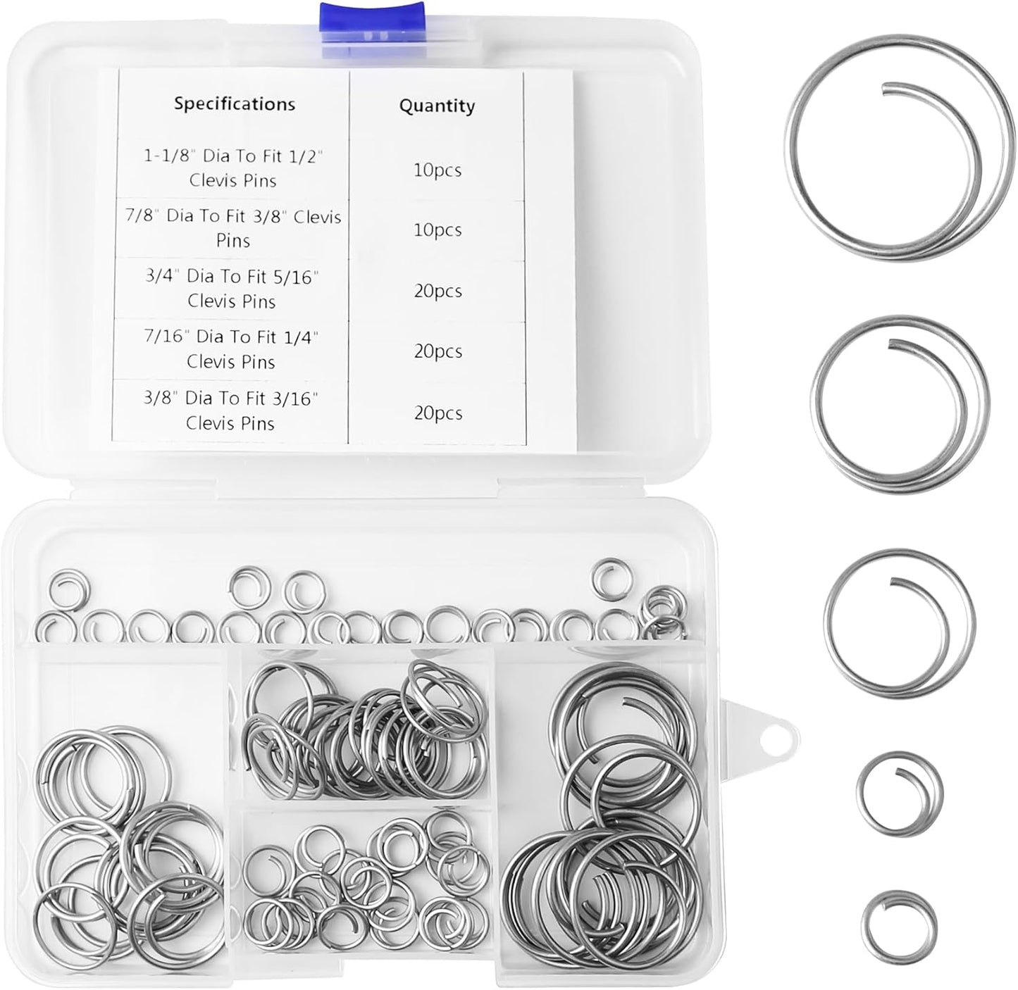 Kit 80 anillos chaveta acero inox 5 tamaños resistentes