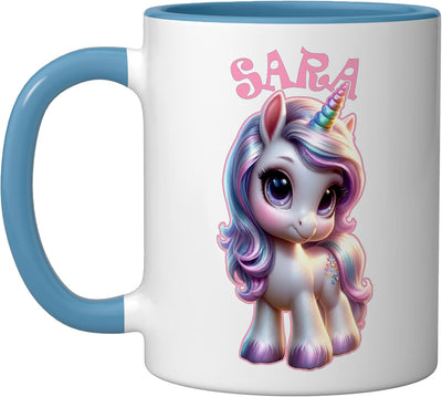 Taza cerámica para niñas con diseño unicornio azul/blanco