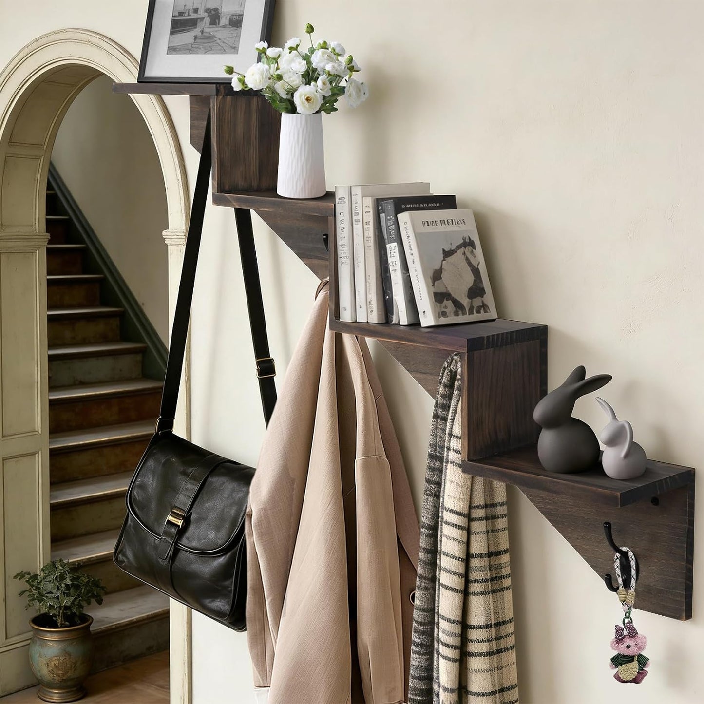 Perchero pared con ganchos madera resistente marrón
