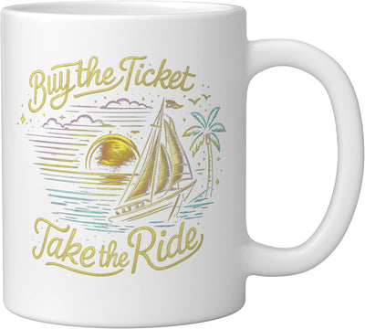Taza Cerámica Aventura Velero Atardecer Blanca