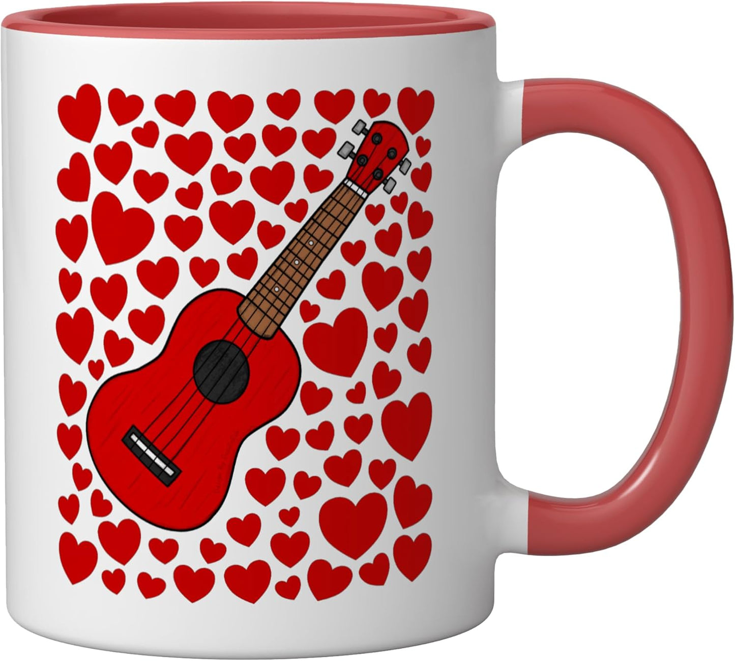 Taza cerámica ukulele con corazones rojo/blanco