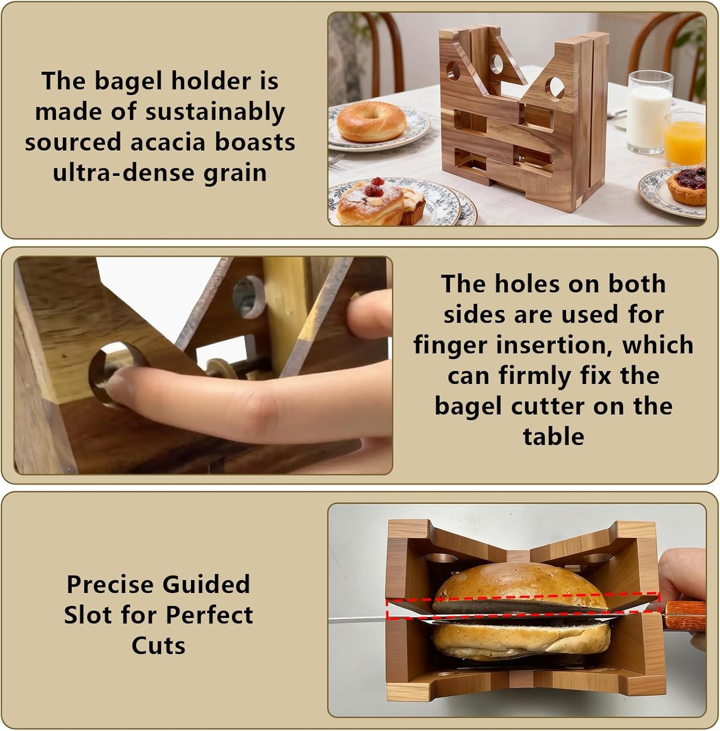 Cortador de bagel ajustable para pequeños y grandes con soporte de madera de acacia