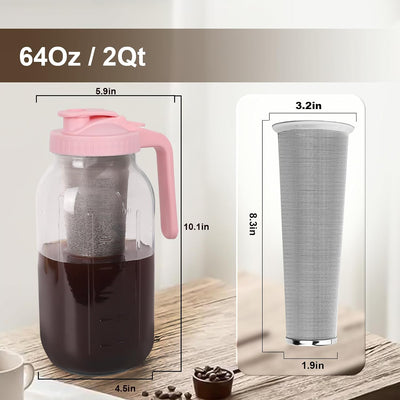 Cafetera fría jarra vidrio 64oz filtro acero inox tapa segura