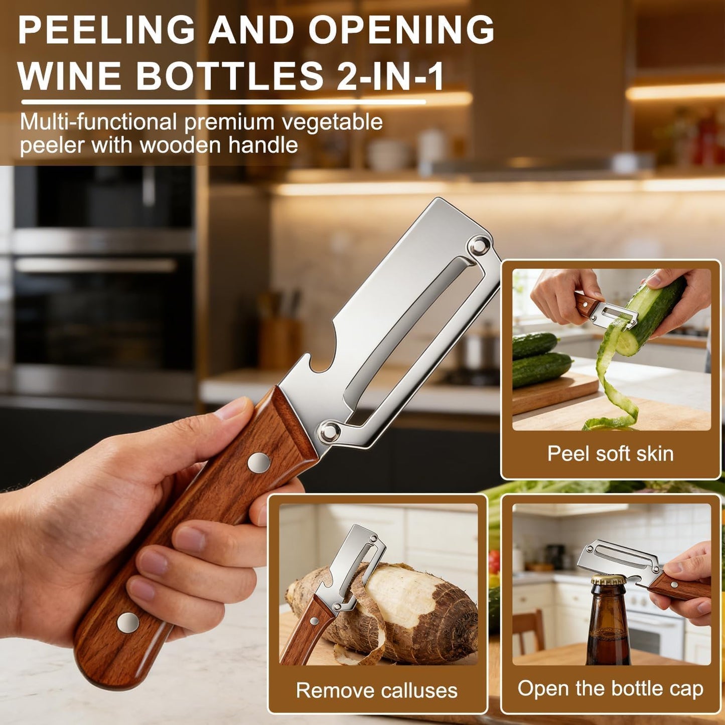 Pelador 2en1 acero inox mango madera abridor botellas