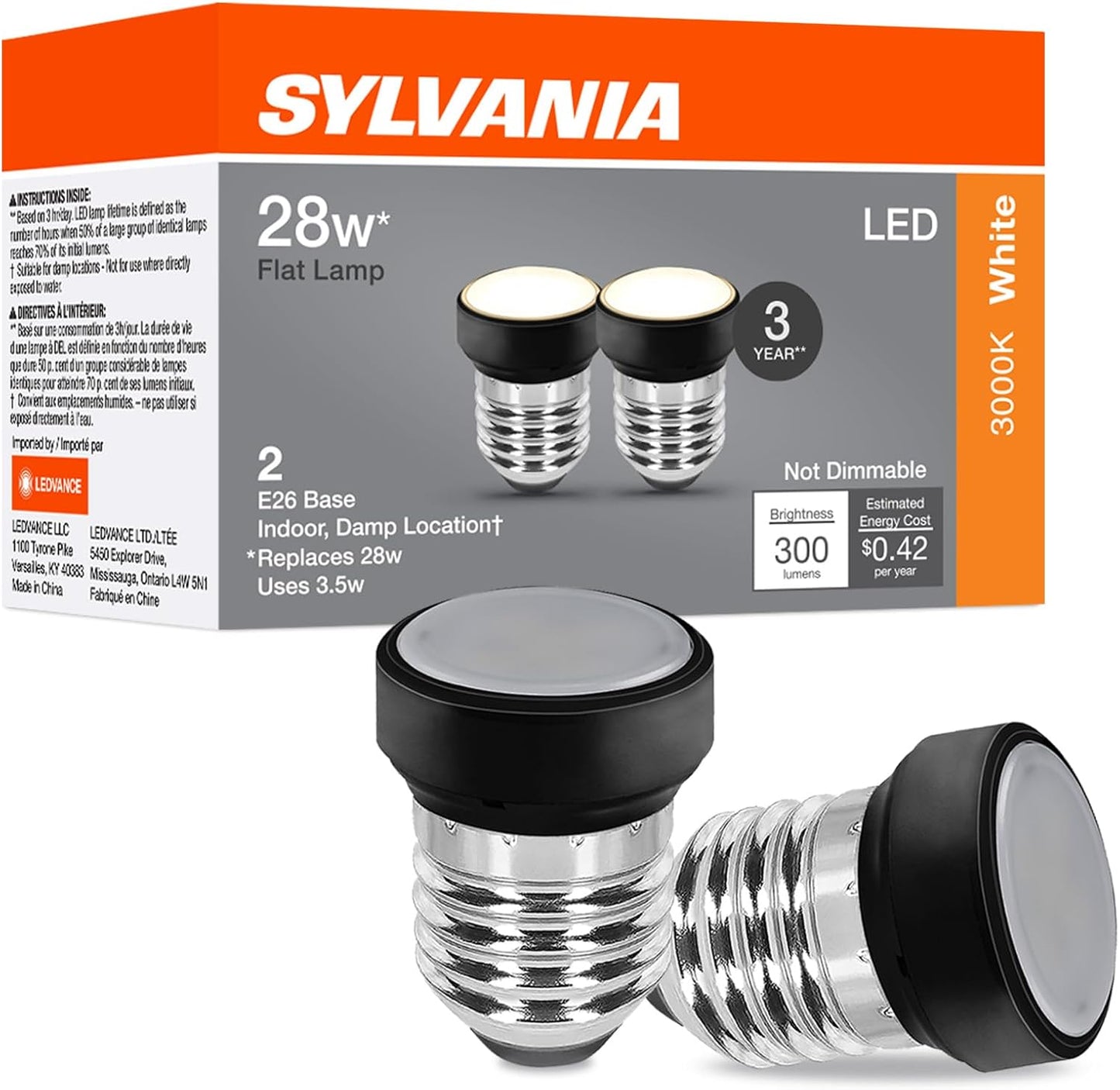 Bombilla LED plana E26 3.5W 3000K blanco cálido pack 2