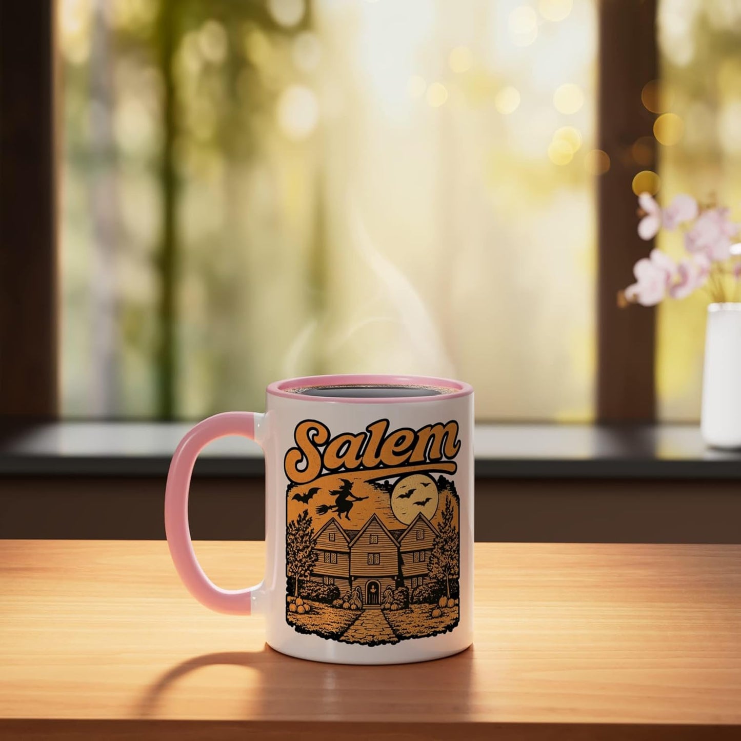 Taza de cerámica Salem Witch House luna llena rosa y blanco
