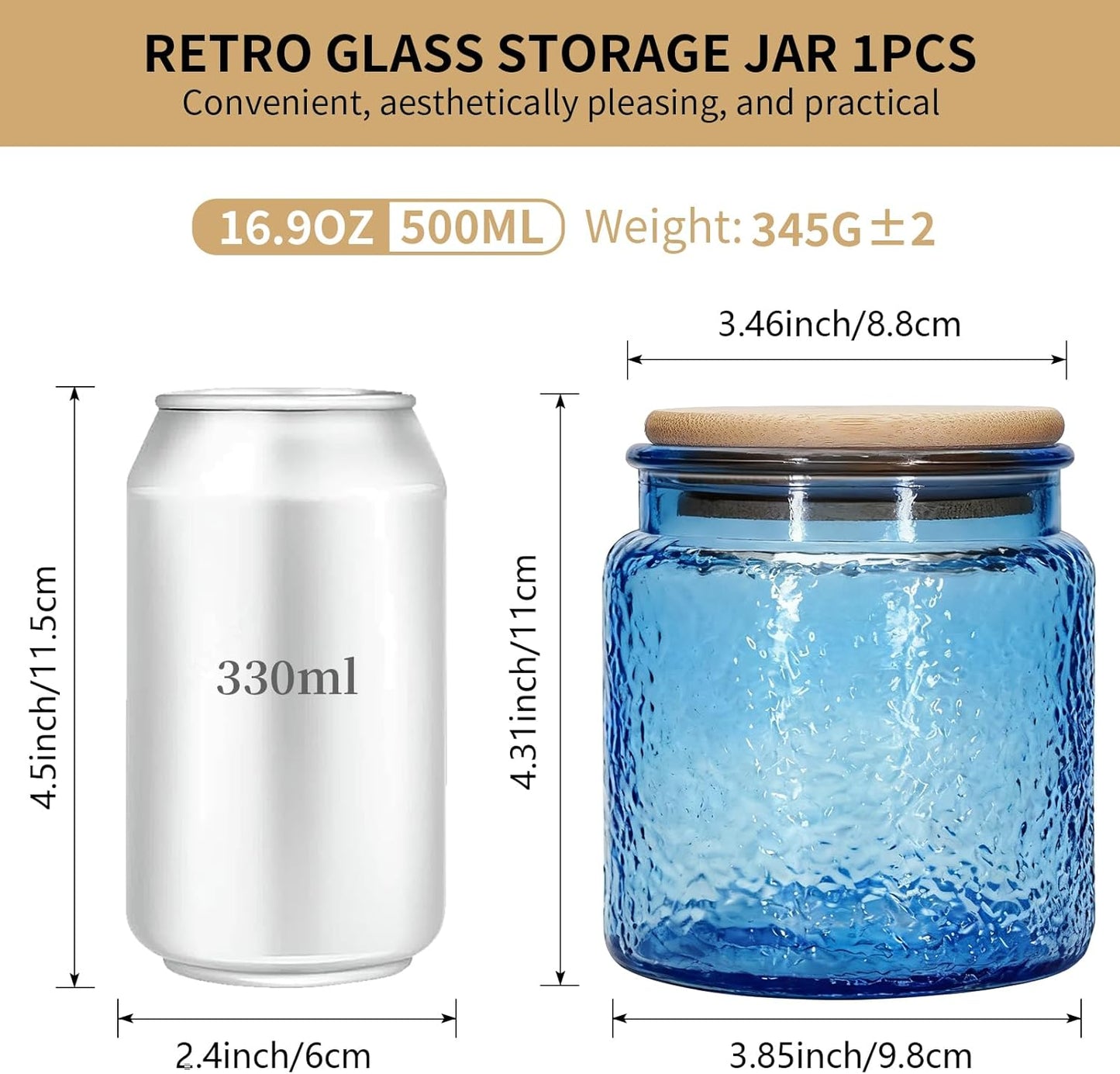 Tarro de cristal vintage estilo martillo con tapa de bambú para azúcar, café, té y despensa