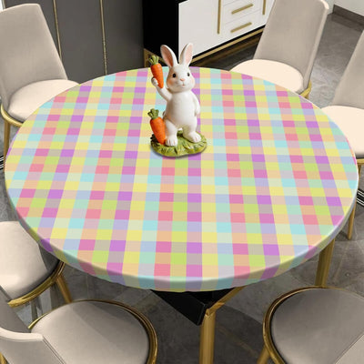 Mantel elástico redondo de Pascua ajustable para mesa de comedor a cuadros