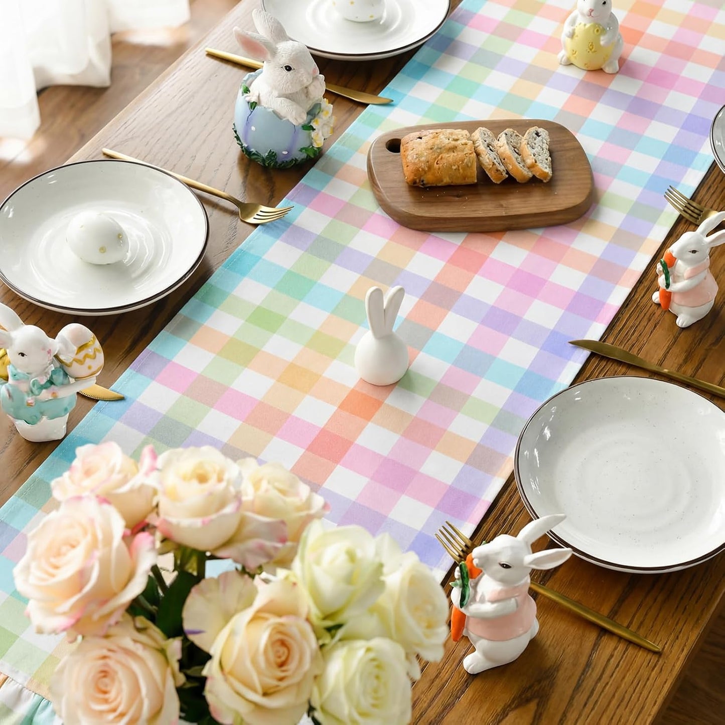 Camino de mesa a cuadros de búfalo Pascua con volantes de guingán tela lona algodón colorida para primavera granja boda baby shower fiesta