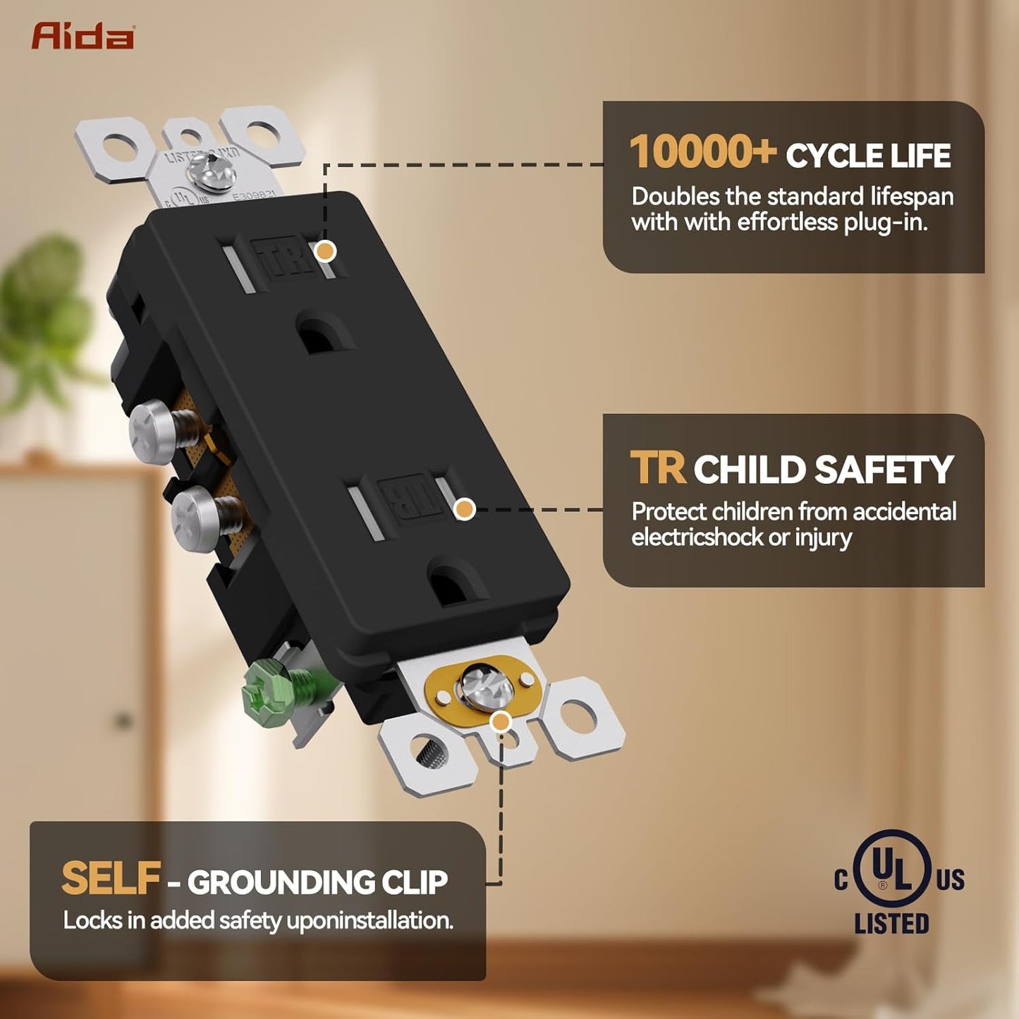 4 Tomas Corriente Pared Negro Mate 15A 125V NEMA 5-15R Cert UL