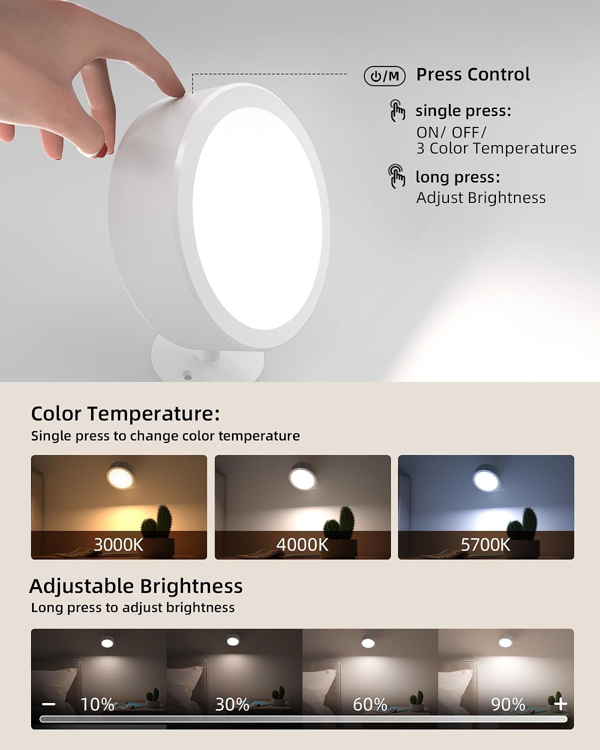 Luz LED pared inalámbrica recargable 3000mAh 3temp color
