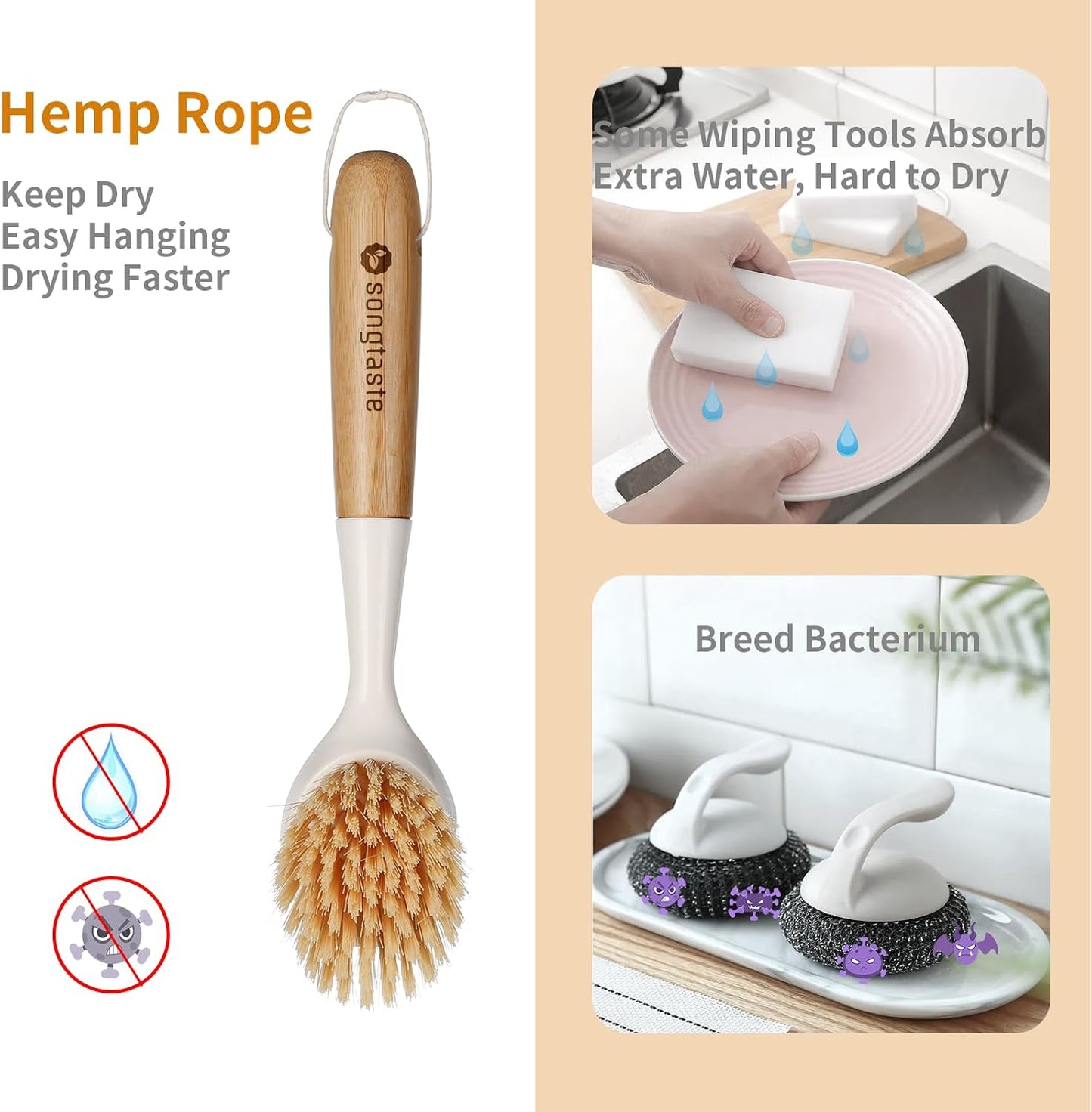 2 Pzas Cepillo Cocina Bambú Raspador Integrado