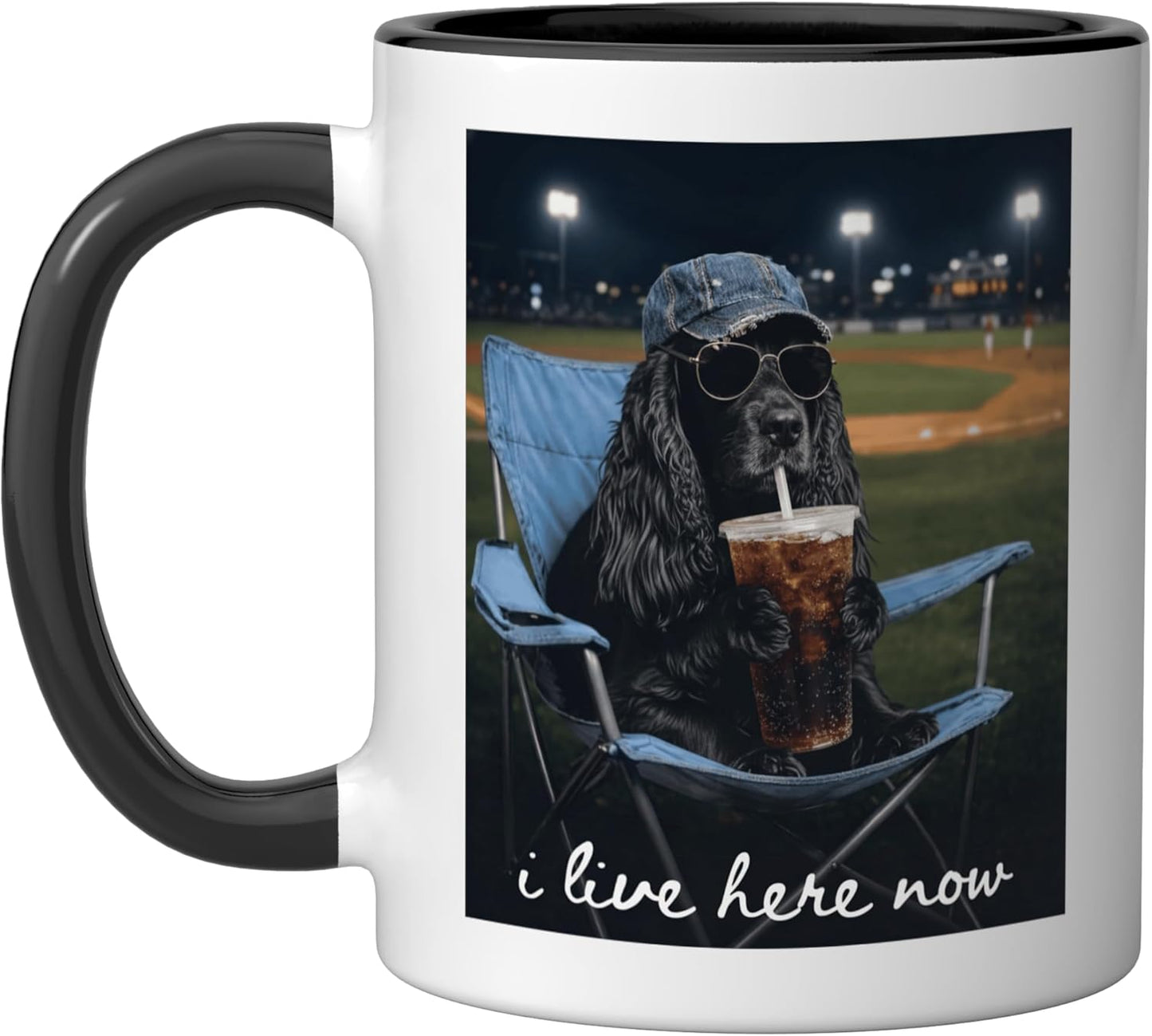 Taza cerámica Funny Cocker Spaniel Mom I Live Here Now Negro/Blanco