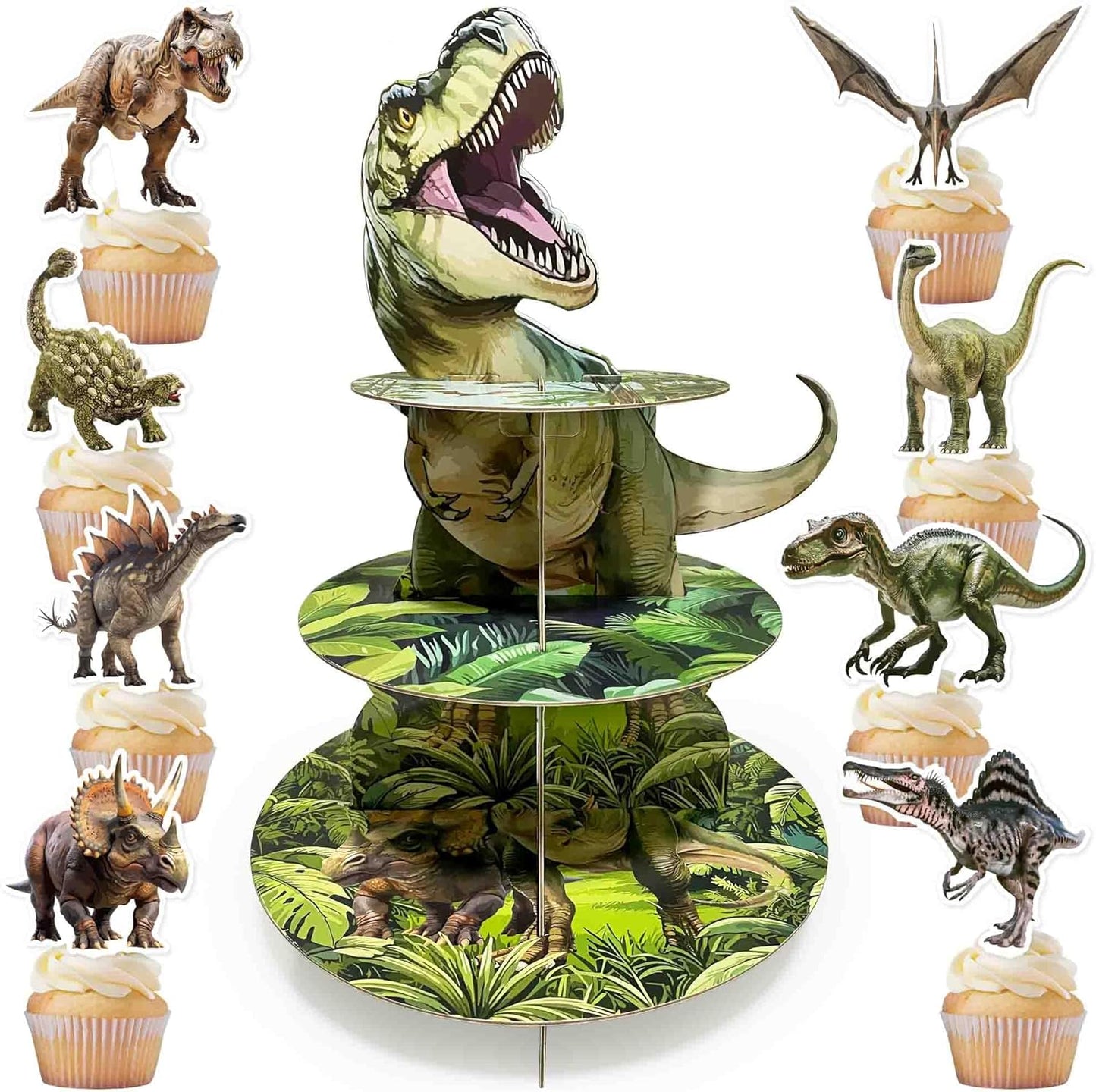 Soporte realista para cupcakes de dinosaurio 3 niveles con 48 adornos