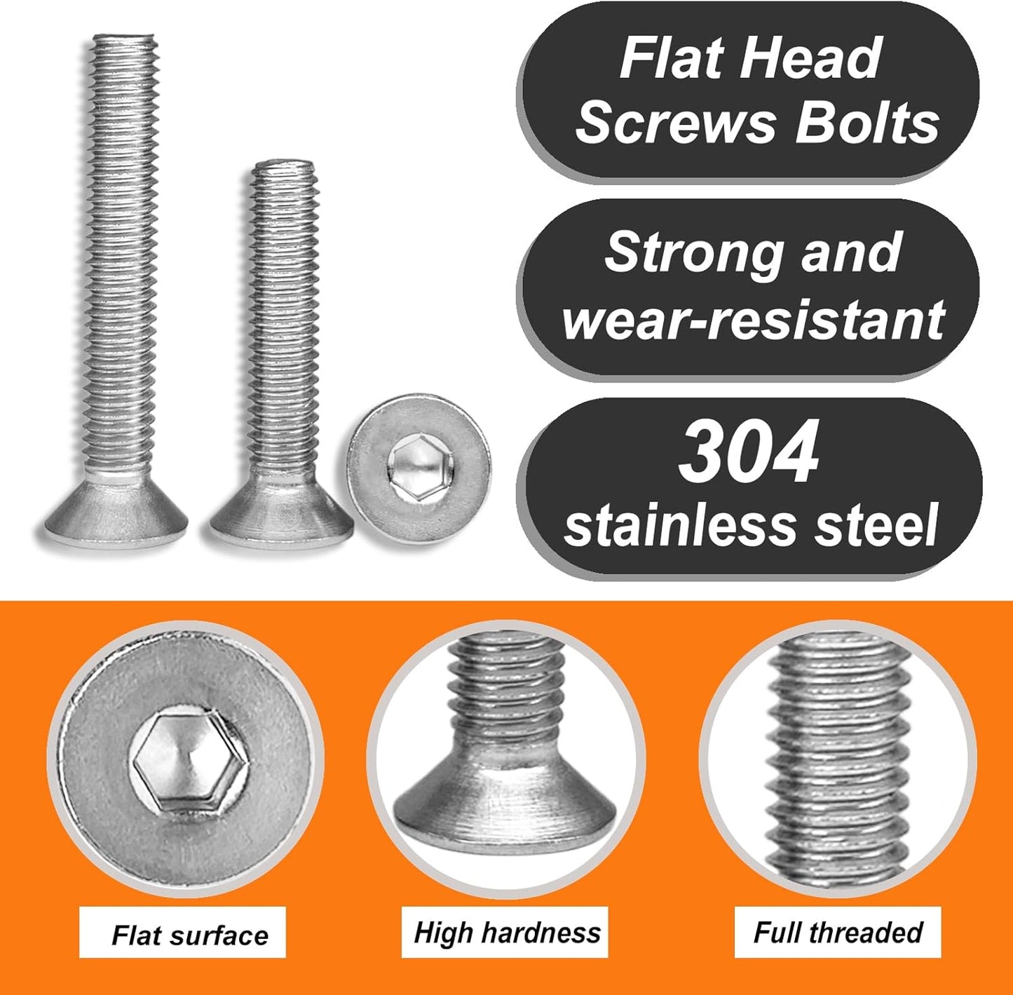 Tornillos avellanados M5 x 0.472pulg acero inox 304 hex 100uds