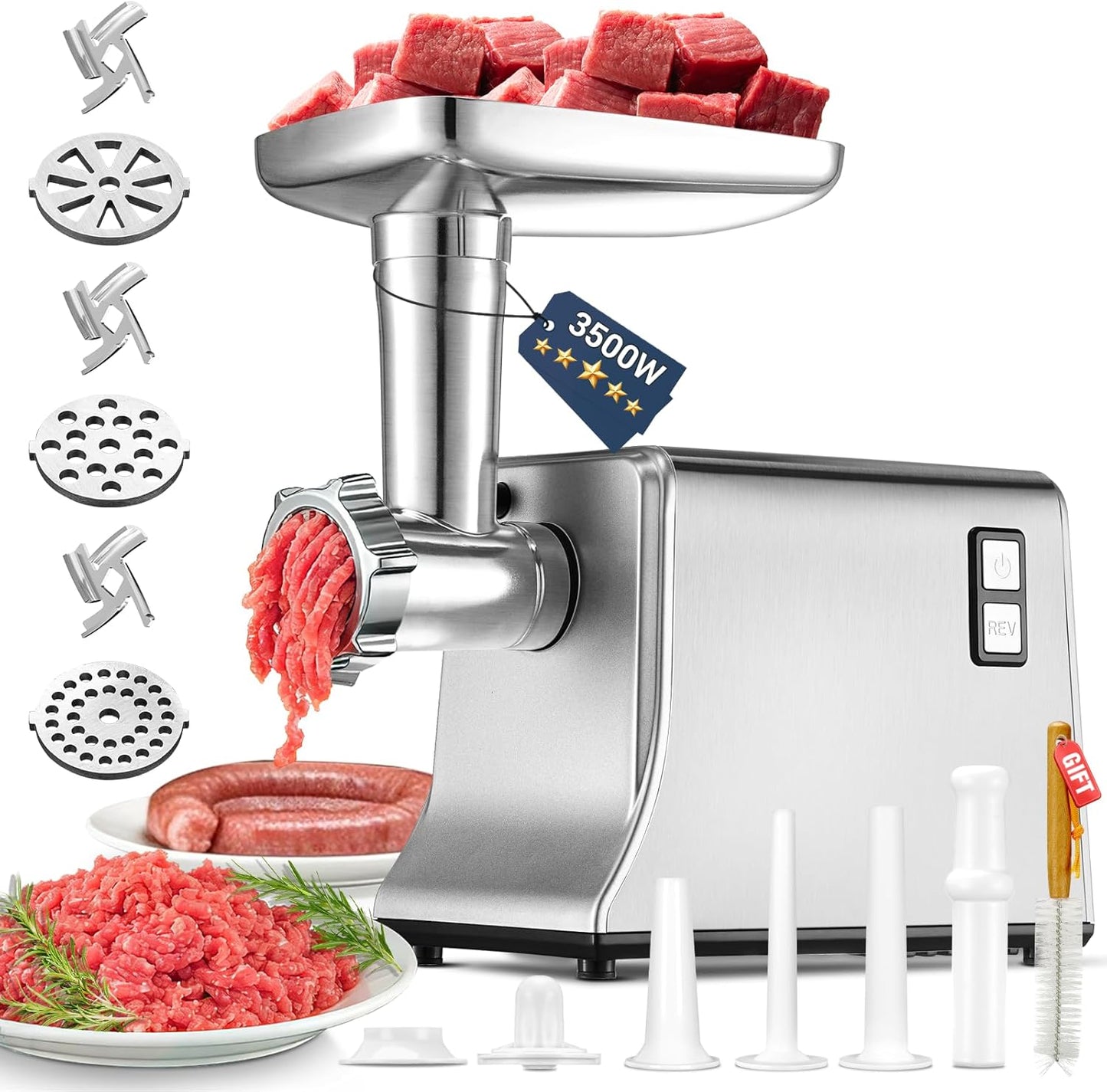 Picadora carne eléctrica 3500W set cuchillas SUS304