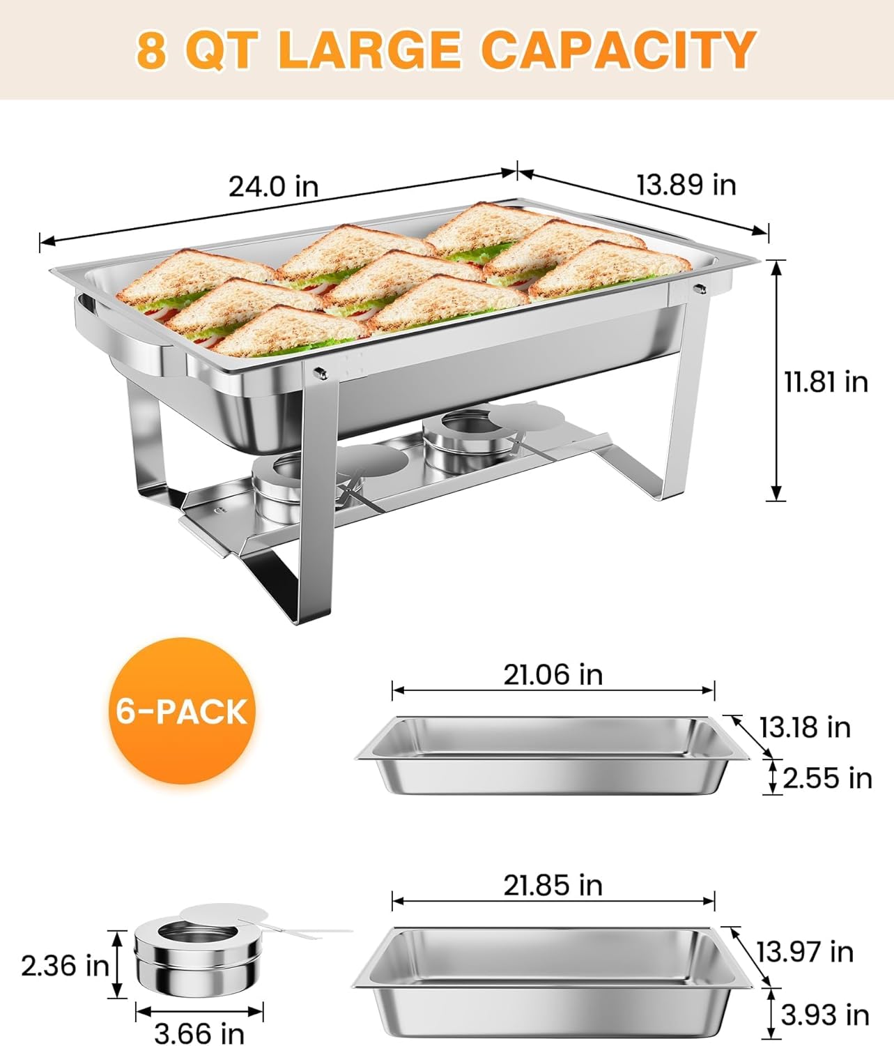 Set 6 Chafer Plata Plegable Bufé 8qt
