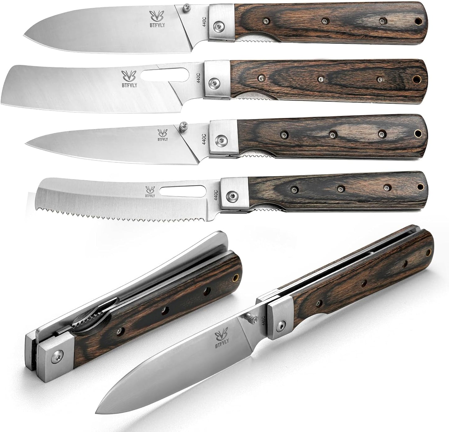 Juego 4 cuchillos plegables acero inox 440A mango madera negro