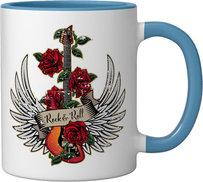 Taza cerámica Guitar Wings Roses Diseño Rock and Roll azul/blanco desgastado