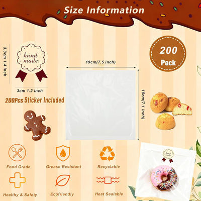 Paquete de 200 bolsas termosellables con ventana de papel kraft 7.1 x 7.5 pulgadas para donas y sándwich