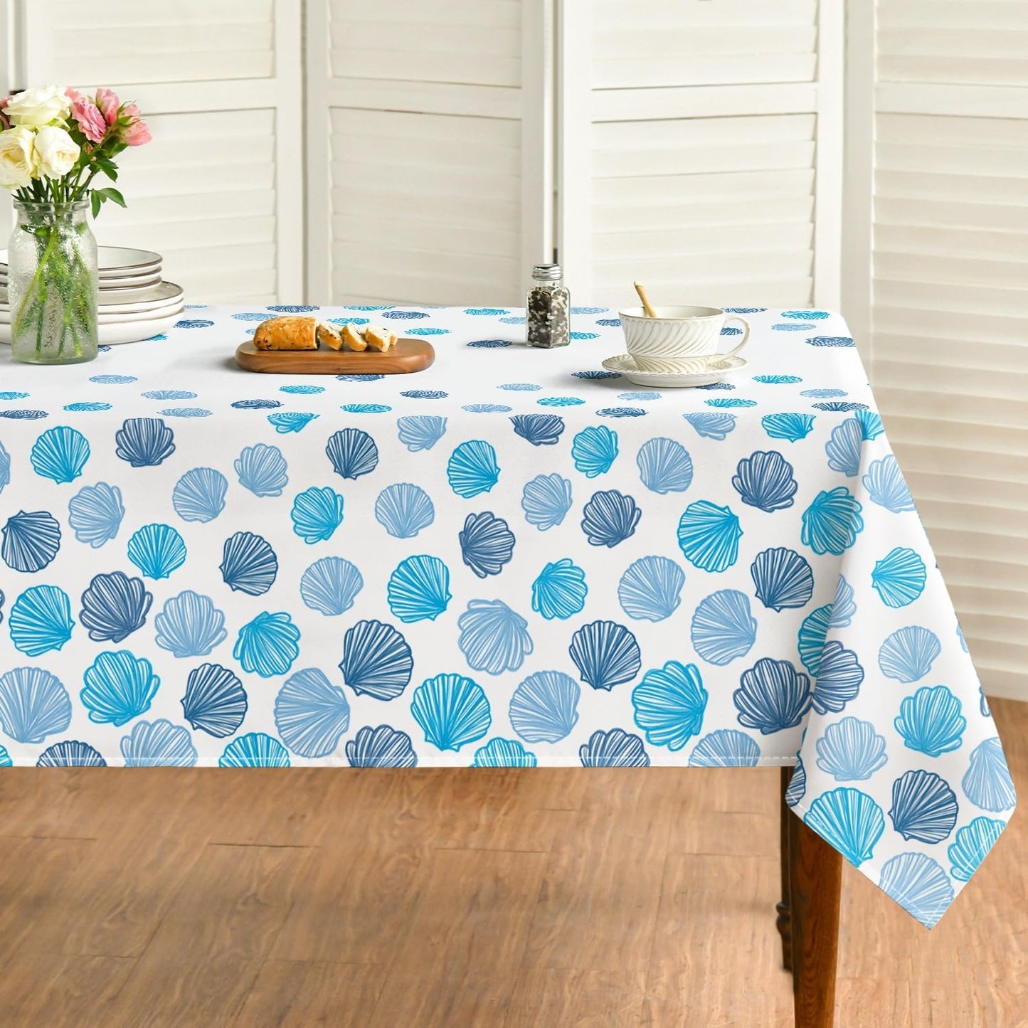 Mantel rectangular de verano 52x70 pulgadas con conchas marinas acuarela