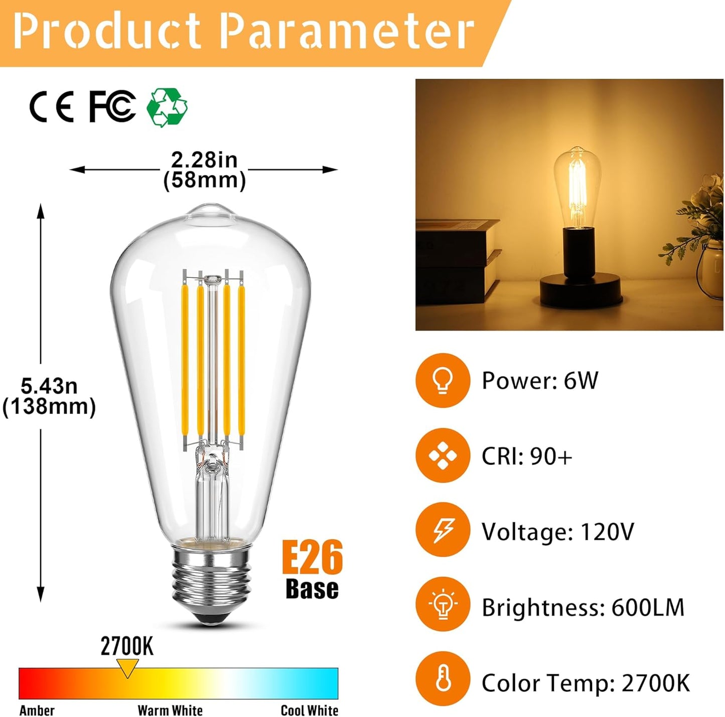 Bombilla LED Edison ST58 regulable 6W blanco cálido