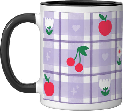 Taza cerámica Lilac Gingham con manzanas, flores, corazones, cerezas y estrellas