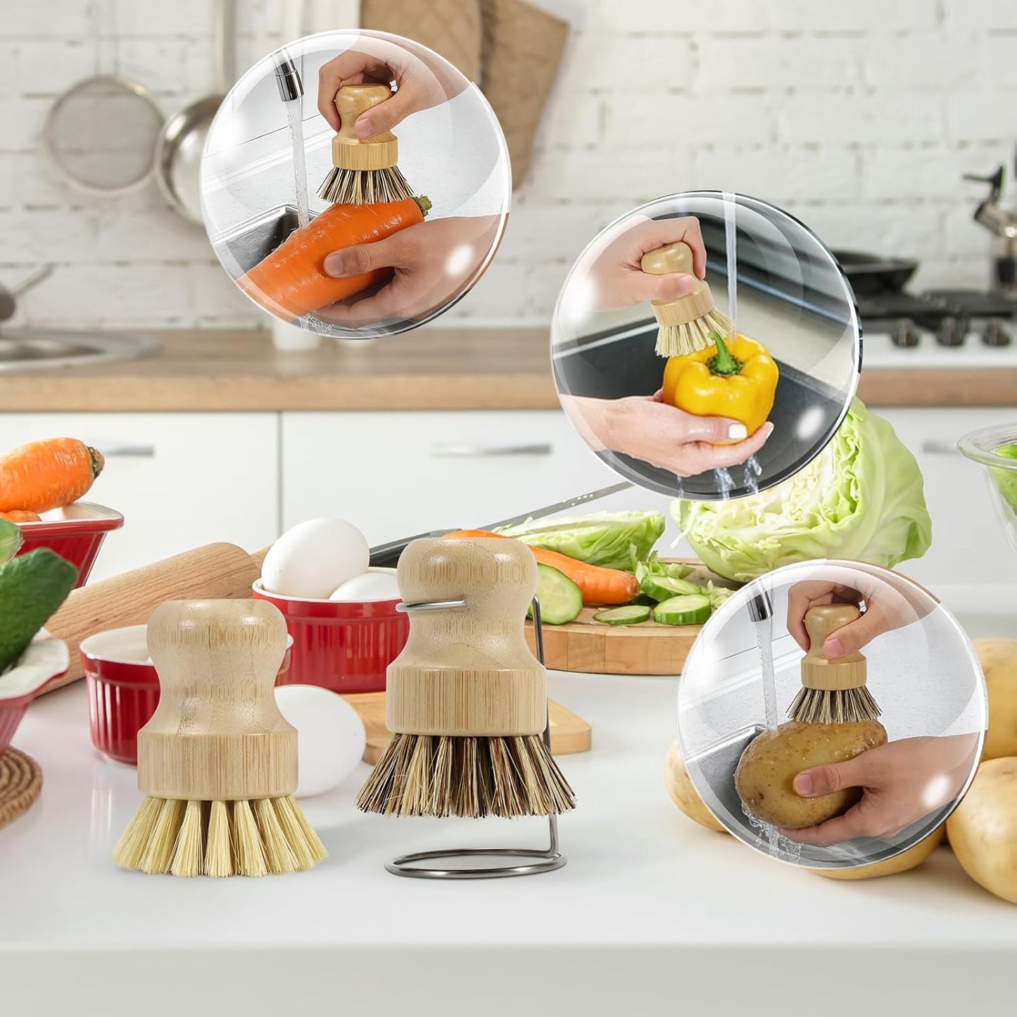 Juego de 6 cepillos de bambú con estantes de acero inoxidable para platos y sartenes