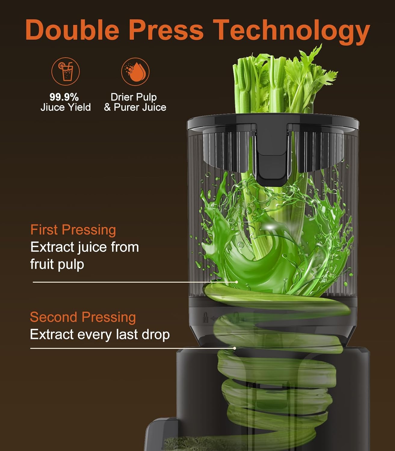 Exprimidor masticador con doble prensa 5.3 pulgadas motor 400 W negro oscuro