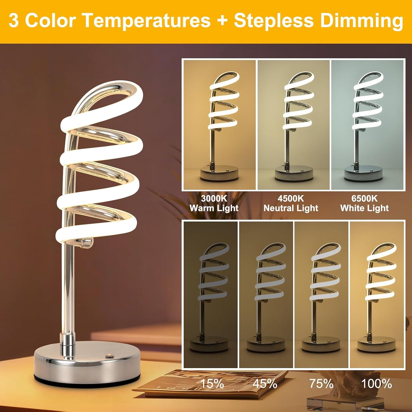 Lámpara mesa espiral LED regulable sala dormitorio