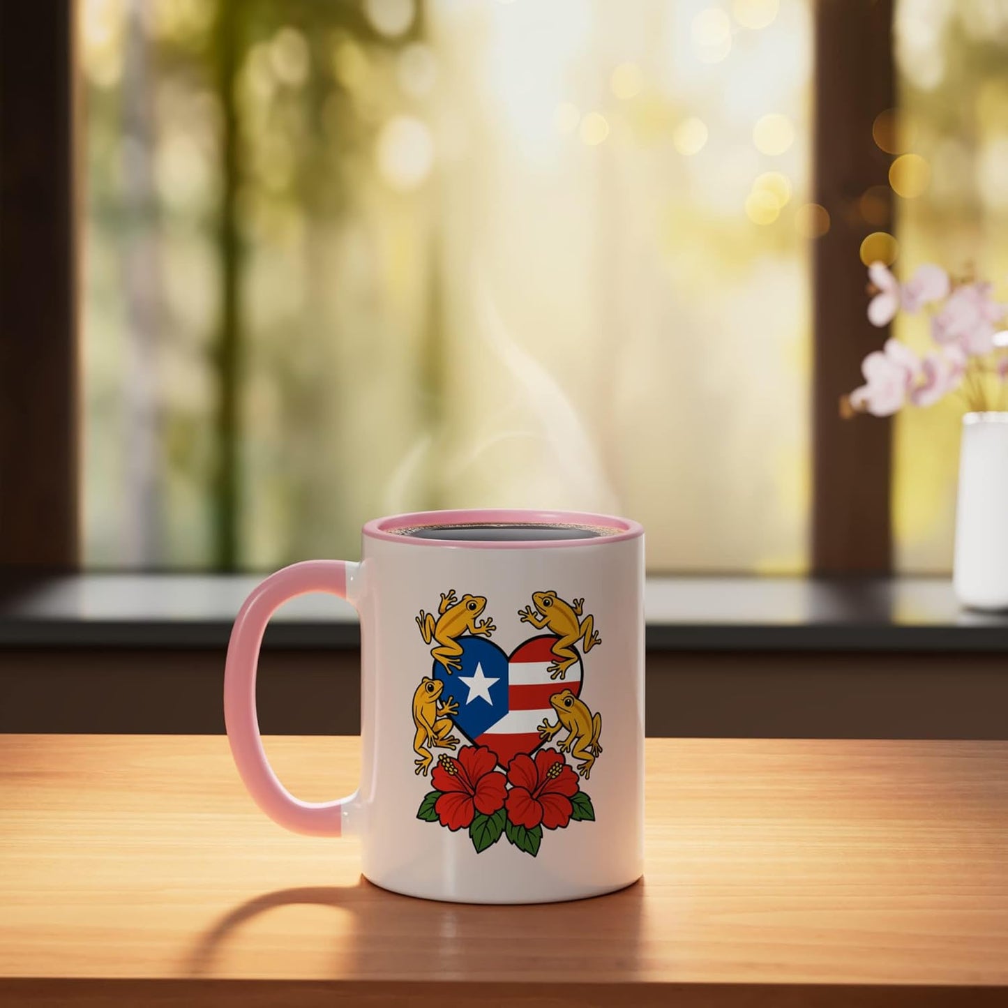 Taza cerámica Puerta Rico Coquí Flor de Maga Corazón Isla Rosa/Blanca