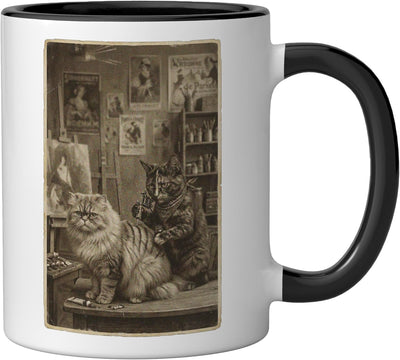 Taza cerámica vintage estilo victoriano gato tatuaje sepia negra/blanca