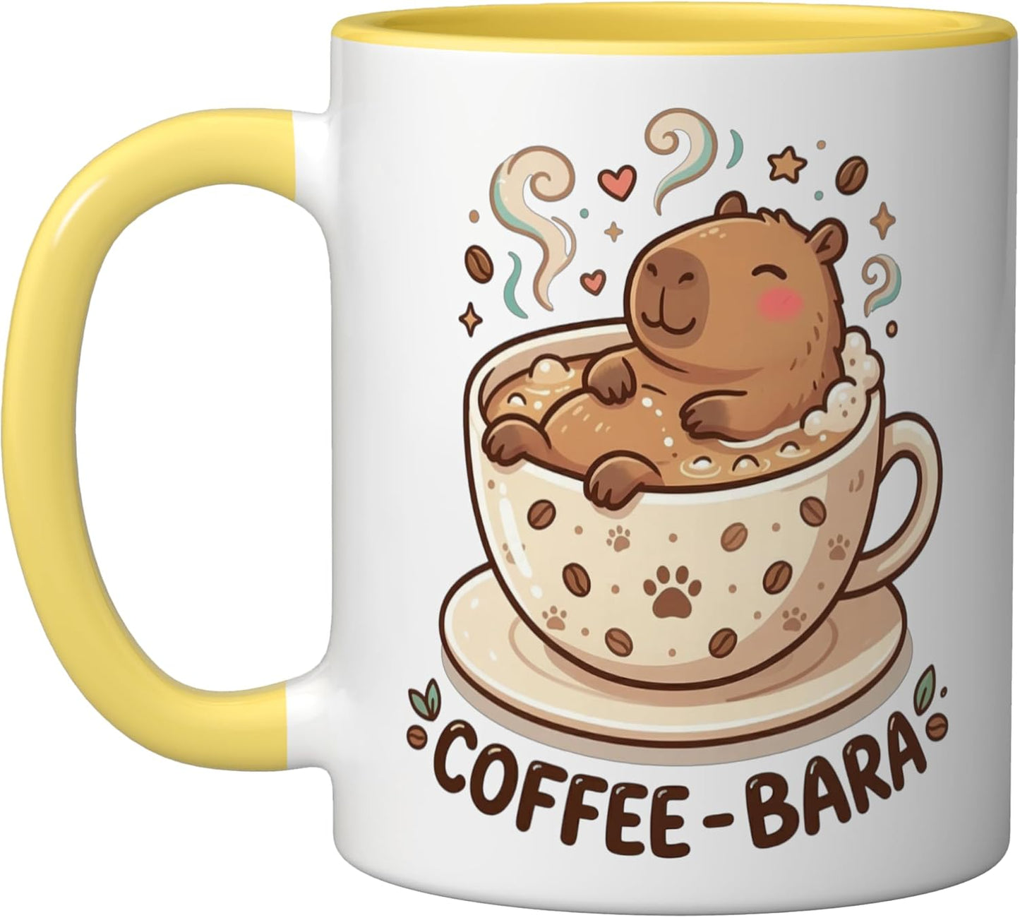Taza cerámica amarillo/blanco con diseño de capibara amante del café