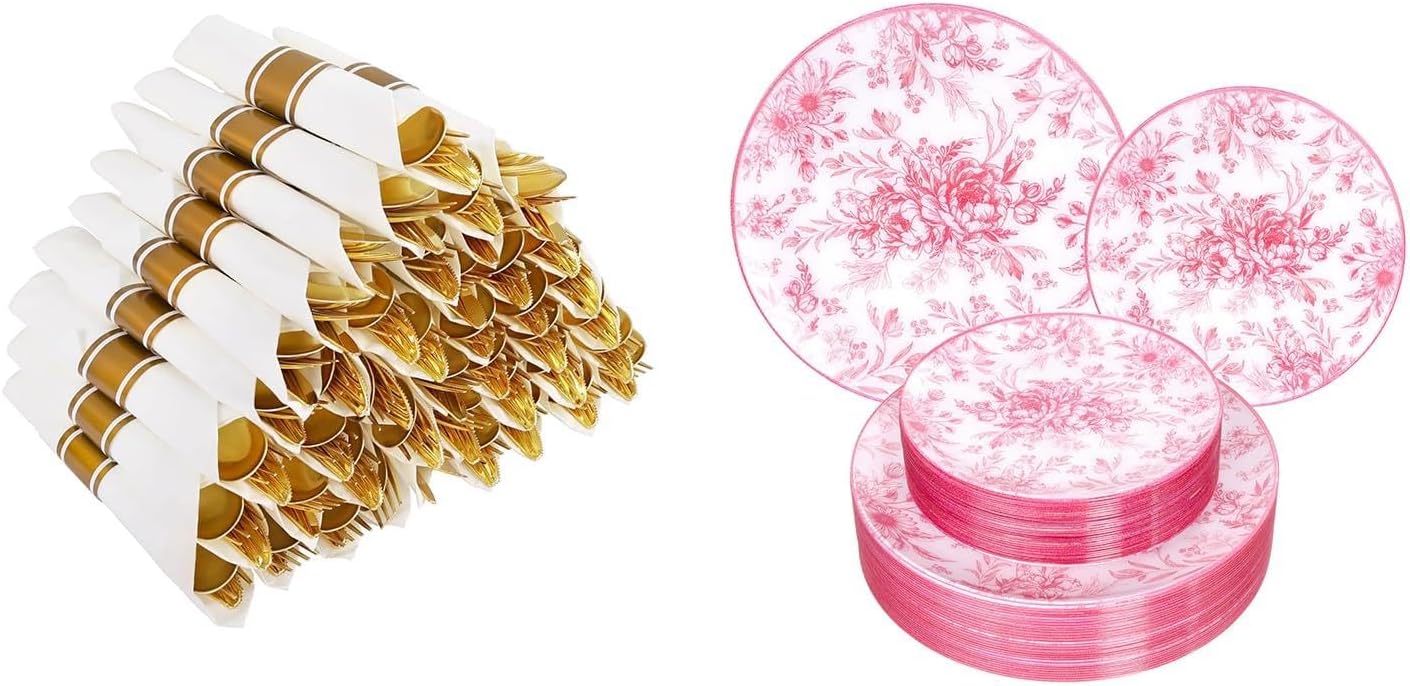 Set 60 platos rosa florales y cubiertos dorados resistente