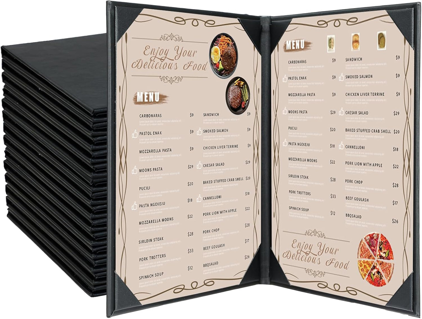 15 Fundas Menú Cuero Sintético 8.5x11pulg Negro Estilo Libro