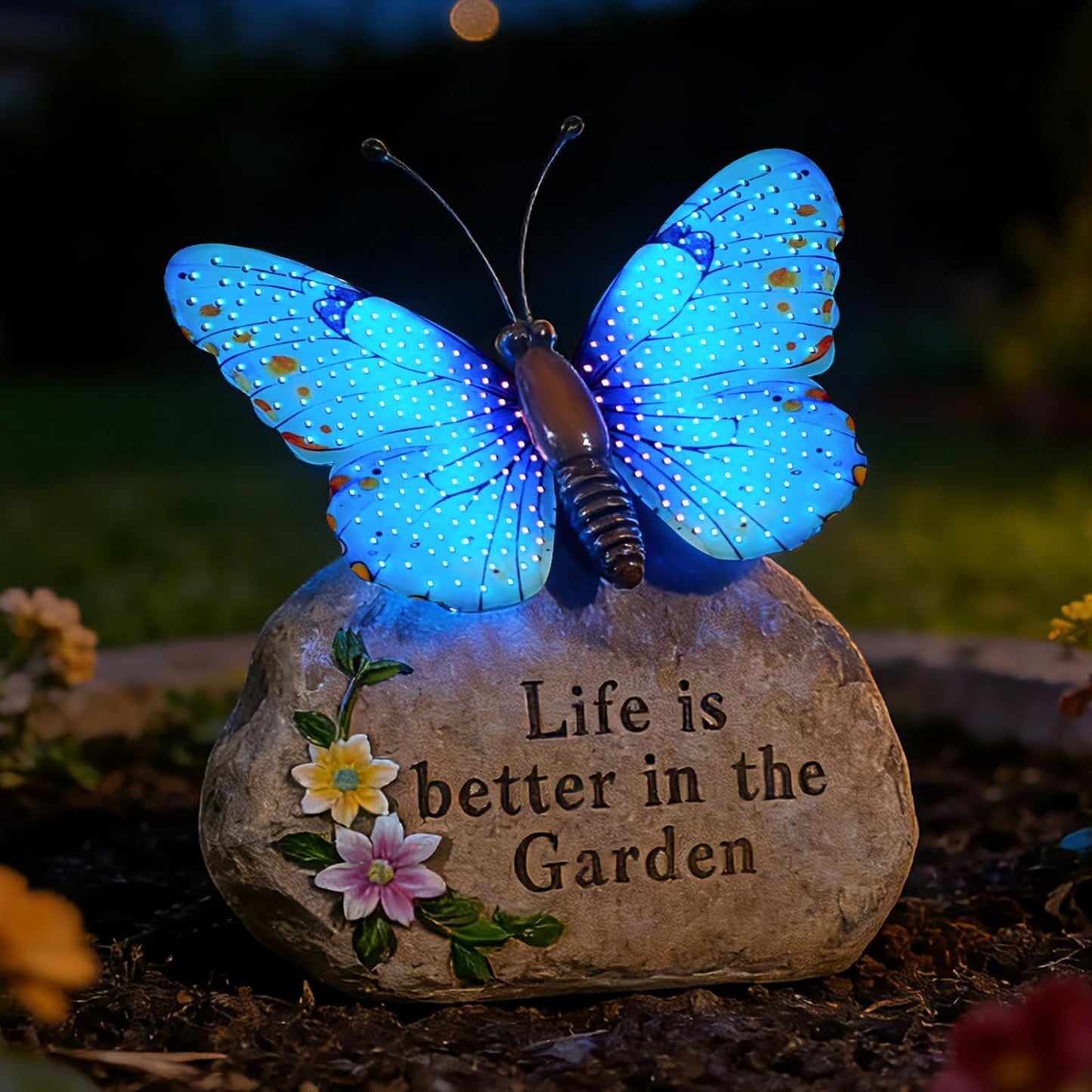 Estatua mariposa LED solar al aire libre azul