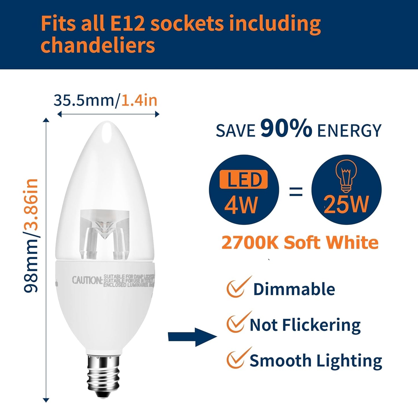 Bombilla LED E12 Regulable 2700K Filamento Vidrio C37 Set 6